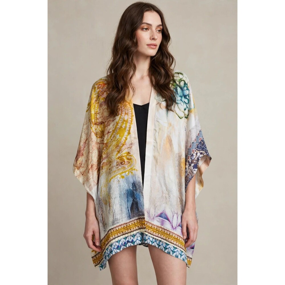 Chico's One Size Watercolor Multicolor Silk Ruana Boho Kimono Cover Up NEW Tags
